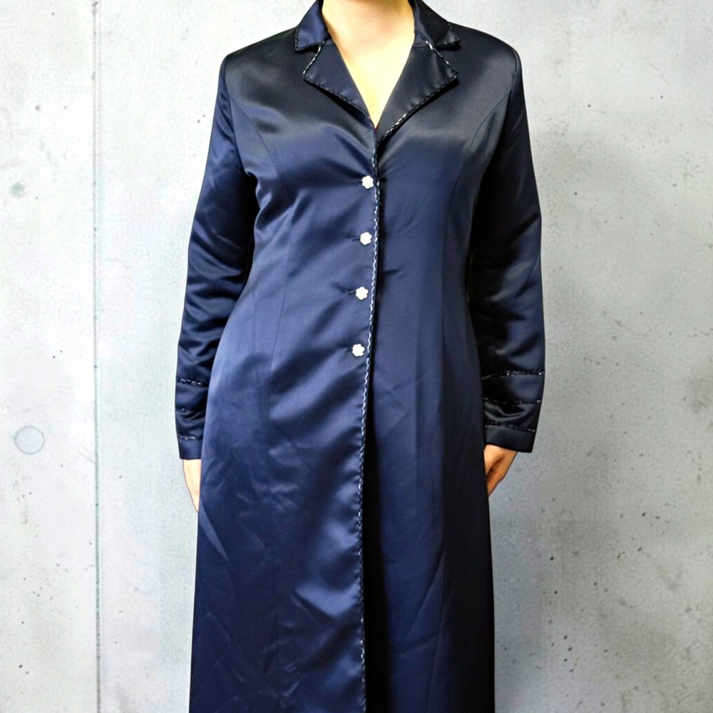 Ashro Midnight Black Beaded Satin Duster Coat Gothic Vampire Matrix Trench 10 L